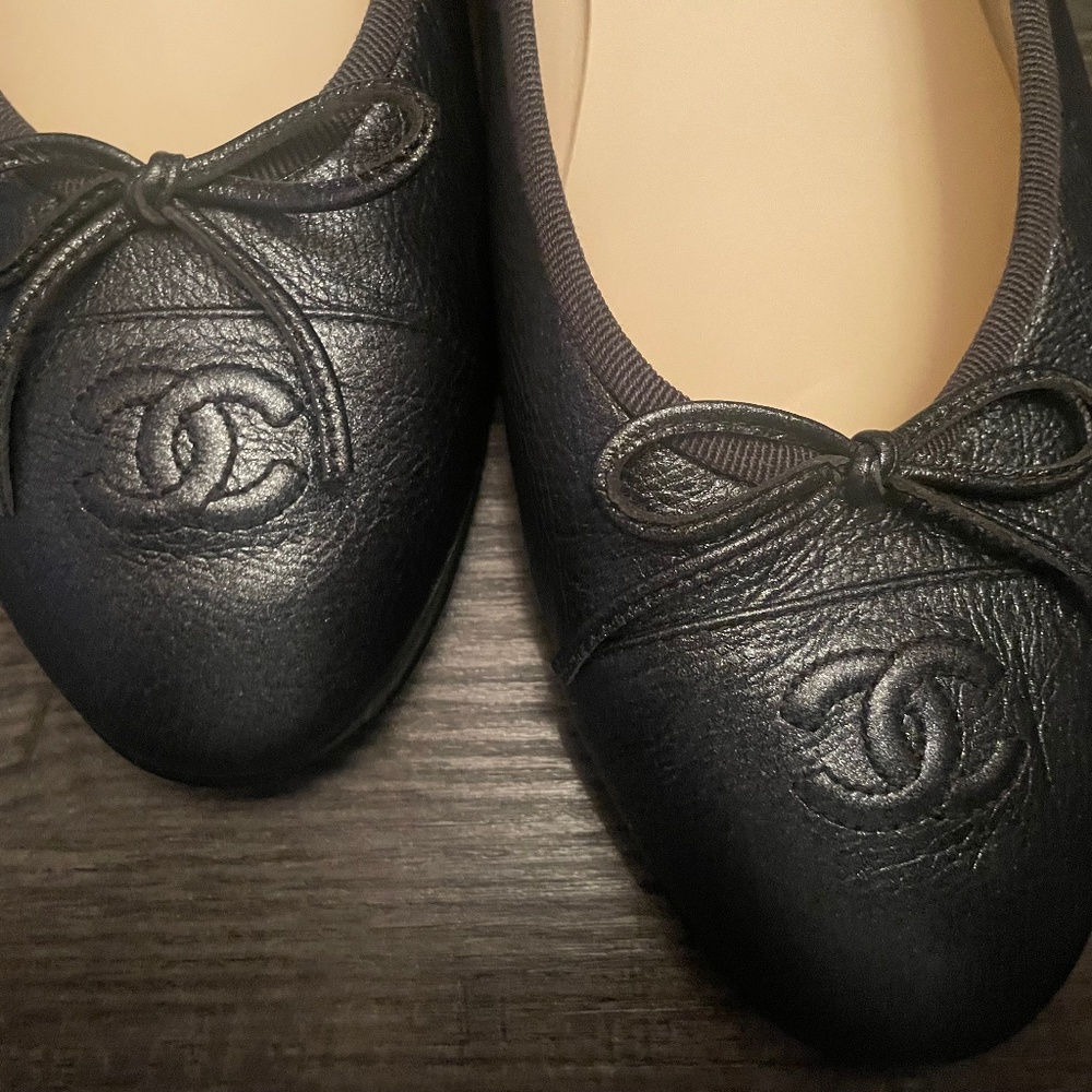 Chanel Lambskin Metallic Blue Grey Ballerina